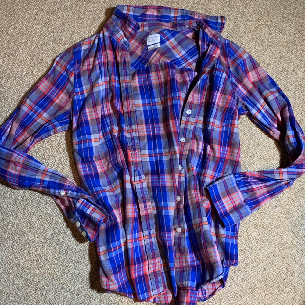pink and blue jcrew flannel